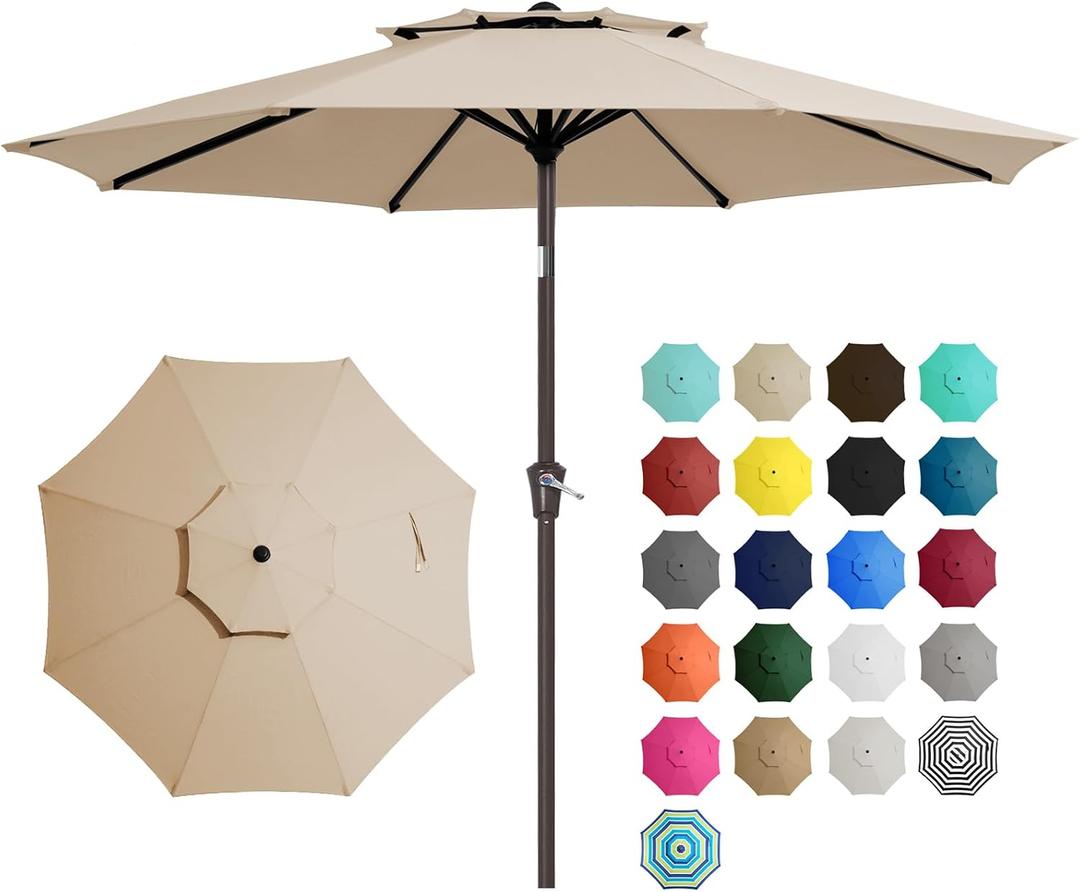 JEAREY 9 ft 2-Tiers Patio Umbrellas Outdoor Table Market Umbrella w/Push Button Tilt/Crank, 8 Sturdy Ribs, UV Protection Waterproof Sunproof(Beige)