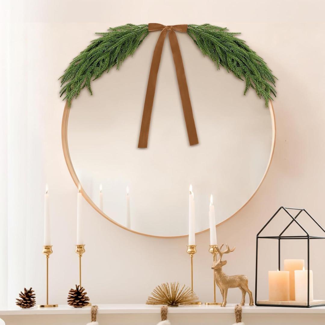 2.6ft Christmas Mirror Garland Artificial Norfolk Pine Swag for Mirror with Velvet Bow Faux Greenery Garlands Christmas Wreath for Xmas Home Door Mailbox Indoor Fireplace Decor(Light Brown)