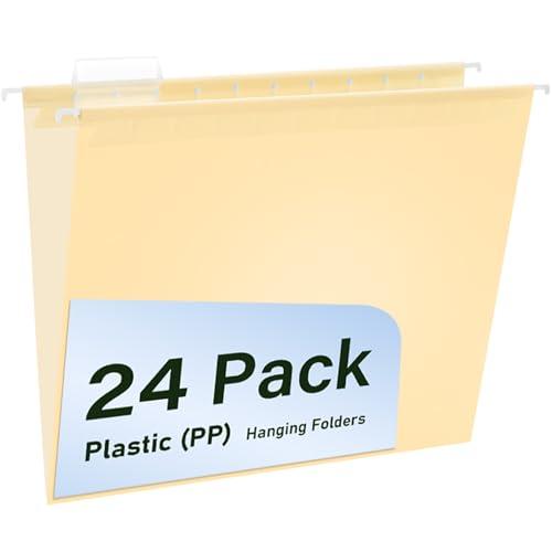 WORPSON Plastic Hanging File Folders, 24 Pack Manila Hanging Folders，Letter Size with 1/5-Cut Tabs, Strong for Bulk Files, Documents and Paper, Office & Home Filing