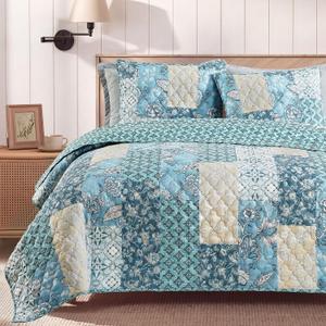 BLOOMHAVEN Quilt Set Queen Size, Patchwork Blue Tile Floral Quilt Sets, Reversible Bedspread Lightweight and Breathable for All Seasons, Soft Quilted Bedspread with 2 Pillow Shams