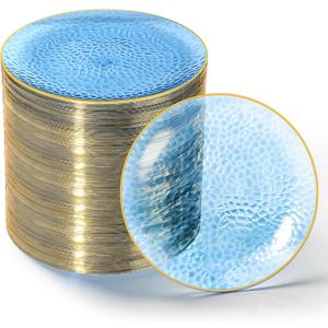 100PCS Clear Blue and Gold Plastic Plates, 7 Inch Disposable Dessert Plates with Gold Rim, Heavy Duty Hammered Plastic Plates for Party and Weddings