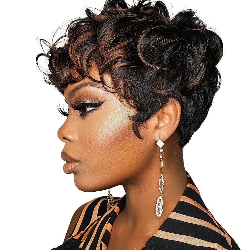 DOcute Pixie Cut Wigs Black And Brown Ombre Wig Linen Short Curly Wigs With Bangs Short Brown Wig Ombre Pixie Cut Wigs For Black Women(Black Mixed Brown)