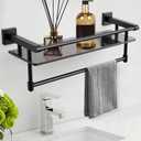 Glass Shelf for Bathroom 20 Inch Bathroom Shelves with Towel Bar Tempered Glass Shelves with Stainless Steel Towel Holder for Wall (All Matte Black), 20-inch with Railing