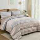 Drucon Boho Comforter Set King Size,7 Pieces Black Grey Bed in a Bag Striped Comforter Bohemian Soft Microfiber Bedding Set for All Season