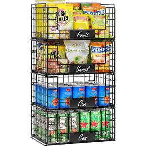 JKsmart 4 Pack XXL Stackable Wire Baskets with Handles for Pantry Storage and Organization,Fruit and Vegetable Basket with Name Plates,Metal Storage Bins for Snack Can Fruit Veggies (XXL-16.34"x12.01"x31.48")