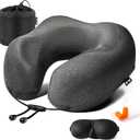 MLVOC Travel Pillow 100% Pure Memory Foam Neck Pillow, Comfortable & Breathable Cover, Machine Washable, Airplane Travel Kit with 3D Contoured Eye Masks, Earplugs, and Luxury Bag, Standard (Black)