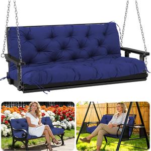 Porch Swing Cushions Outdoor 60 inch x 40 Waterproof Swing Cushions 3 Seater Replacement with Backrest & 8 Ties 5" Thick Bench Swing Cushions for Outdoor Furniture Patio(Navy Blue)