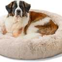 Best Friends by Sheri Original Calming Donut Dog and Cat Bed, Shag Faux Fur, Taupe, XL (45in x 45in) - Anxiety Relief for Pets Up to 150 lbs