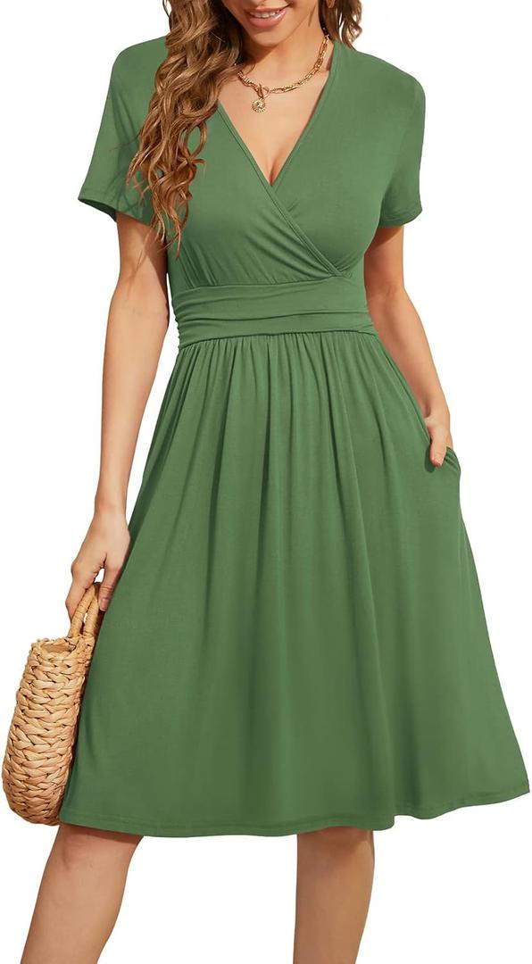 WEACZZY Women's Summer Short Sleeve Casual Dresses V-Neck Floral Party Dress with Pockets Army Green XXL