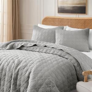 Grey King Size Quilt Bedding Sets with Pillow Sham, Summer Lightweight Soft Bedspread Coverlet, Farmhouse Country Textured Quilted Blanket Thin Comforter Bed Cover , 3 Pieces, 104x90 inches