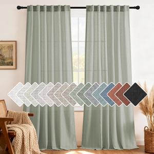 H.VERSAILTEX Natural Linen Curtains 84 inches Long for Living Room 2 Panels Back Tab Loop Pocket Textured Light Filtering Semi Sheer Curtains Rustic Farmhouse Boho Curtain for Bedroom, Sea Grass