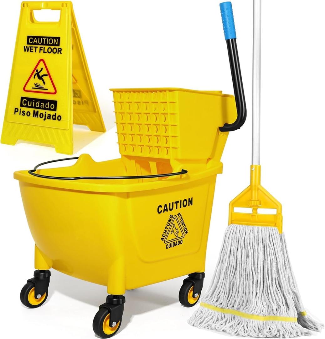 35Qt Commercial Mop Bucket with Side Press Wringer on Wheels Yellow