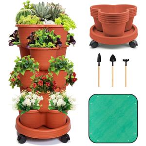 5-Tier Stackable Planter, Vertical Garden Planter for Mobile, Versatile, and Equipped with Advanced Water Filtration System, Perfect for Vegetables, Flowers, Herbs, Strawberries and Lettuce (Clay Red)