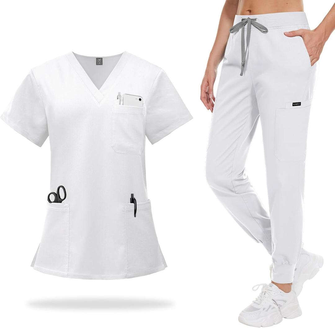 VIAOLI Scrubs for Women Set V-Neck Top and 8 Pocket Jogger Scrub Pant - Medical Uniform Nursing Scrub Set (Medium, White)