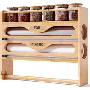 Wrap Dispenser with Cutter and Labels,4-in-1 Wall Mounted Bamboo Plastic Wrap Organizer with Spice shelf and Paper Towel Holder for Aluminum Foil,Cling Wrap,Wax,Parchment,Zipper BagsNatural