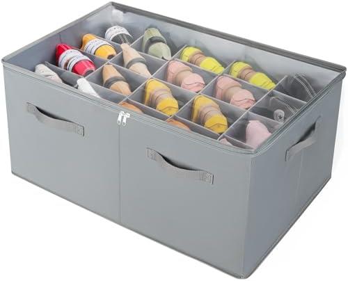 TOPIA HOME Shoe Organizer for Closet, Foldable Shoe Box with Adjustable Dividers and Clear Cover, Space Saving Shoe Storage Organizer Cabinet with Reinforced Handles, Fits 20 Pairs, Gray, TP10G