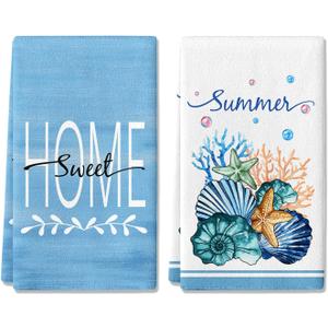 Seashell Coral Starfish Hand Towel Set of 2, Summer Blue Bath Hand Towels, 18x26 Inch, Coastal Towel for Bathroom Home Kitchen, Soft Dish Towel, Summer Farmhouse Seasonal Decoration