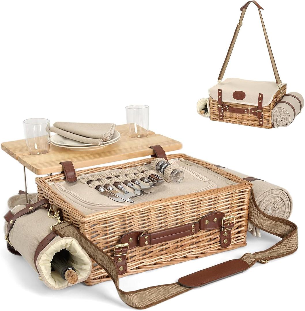 Mutifunctional Wicker Picnic Basket Set for 2 with Blanket and Picnic Table, Insulated Picnic Set with Full Tablewares for Camping Outdoor Couples,Natural