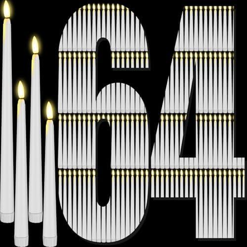 Rossesay 64 Pcs Flameless LED Taper Candles Battery Operated Candles 4 Sizes of 8.5'', 9.65'', 10.83'', 12.8'' Candlesticks Flickering for Halloween Christmas Church Wedding(White)