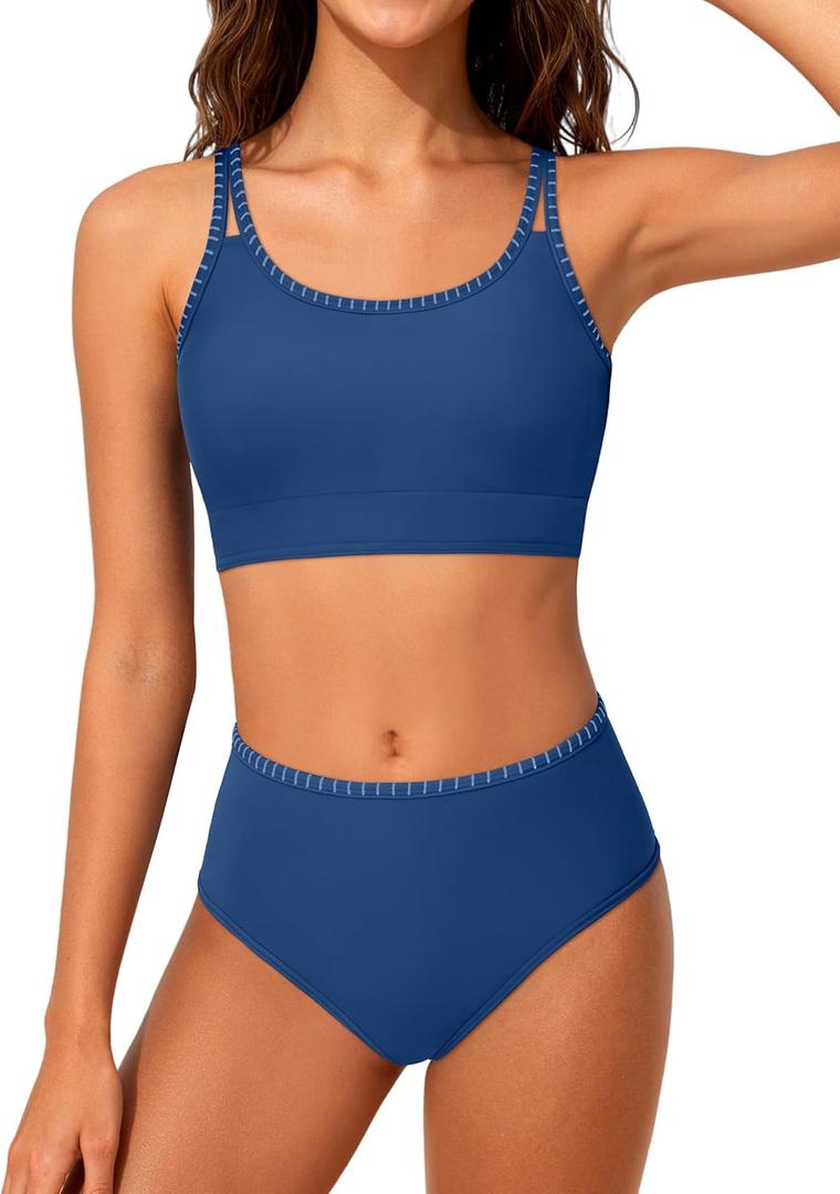 TyeSmo Girls Swimsuit Two Piece Teen Swimsuits for Girls 12-14 Sporty Teen Bathing Suits for Girl 12-14 High Waisted Bikini Padded Swimwear Bathing Suit for Teens Double Adjustable Straps Dark Blue