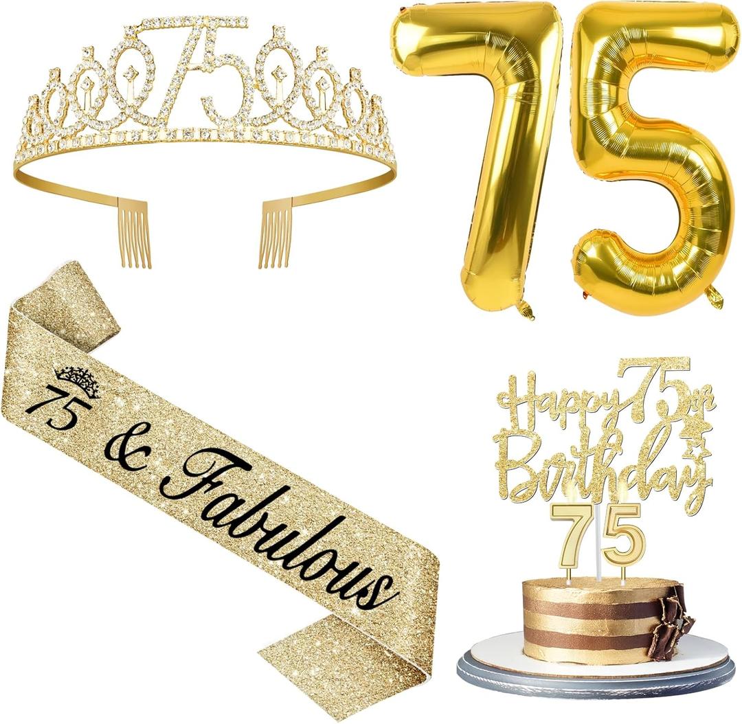 YeohJoy 75th Birthday Decorations Women with 75th Birthday Sash and Tiara, Happy 75th Birthday Cake Toppers, Number 75 Candles, Gold 75 Birthday Balloons,75th Birthday Party Gifts for Women (Gold)