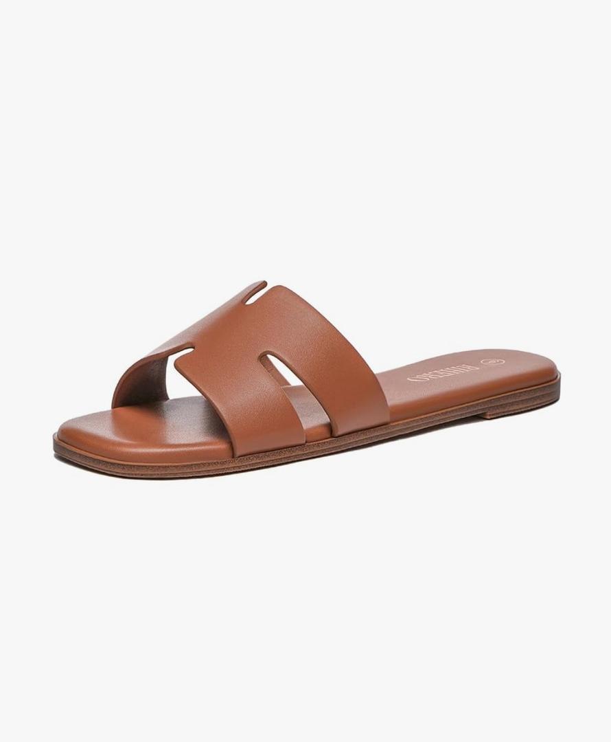 Rihero Women's Dressy Flat Sandals Comfortable Slip On Leather Slide Sandals Size 9