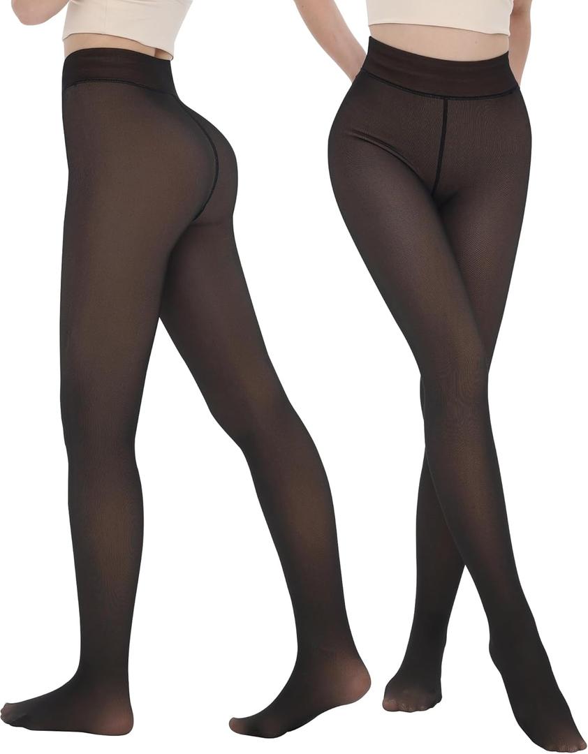 iceROSE 2 Pairs Fleece Lined Thermal Tights for Women  Sheer Black Pantyhose Warm Winter Thick Fake Translucent Leggings (Large-X-Large)