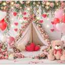 ZTHMOE Fabric 7x5ft Valentine's Day Tent Photography Backdrop Love Heart Balloons Pink Roses Lights Background Girls Wedding Bridal Shower Party Decorations Photo Banner Props