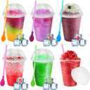 6 Set Slushie Cups with Dome Lids and Straws Detachable Spoon Straws Reusable Plastic Iced Coffee Cups Smoothie Tumbler for Birthdays Summer Party Supplies(Transparent White,16 oz)