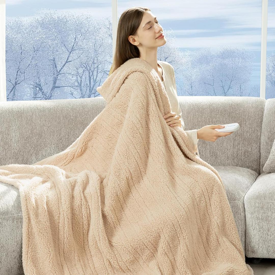 Heated Throw Blanket 50"X60"- Soft Double Sided Sherpa Electric Throw Blanket with 5 Heatings Levels & 4 hrs Auto Shut Off, Overheat Protection & ETL Certified for Women(Beige)