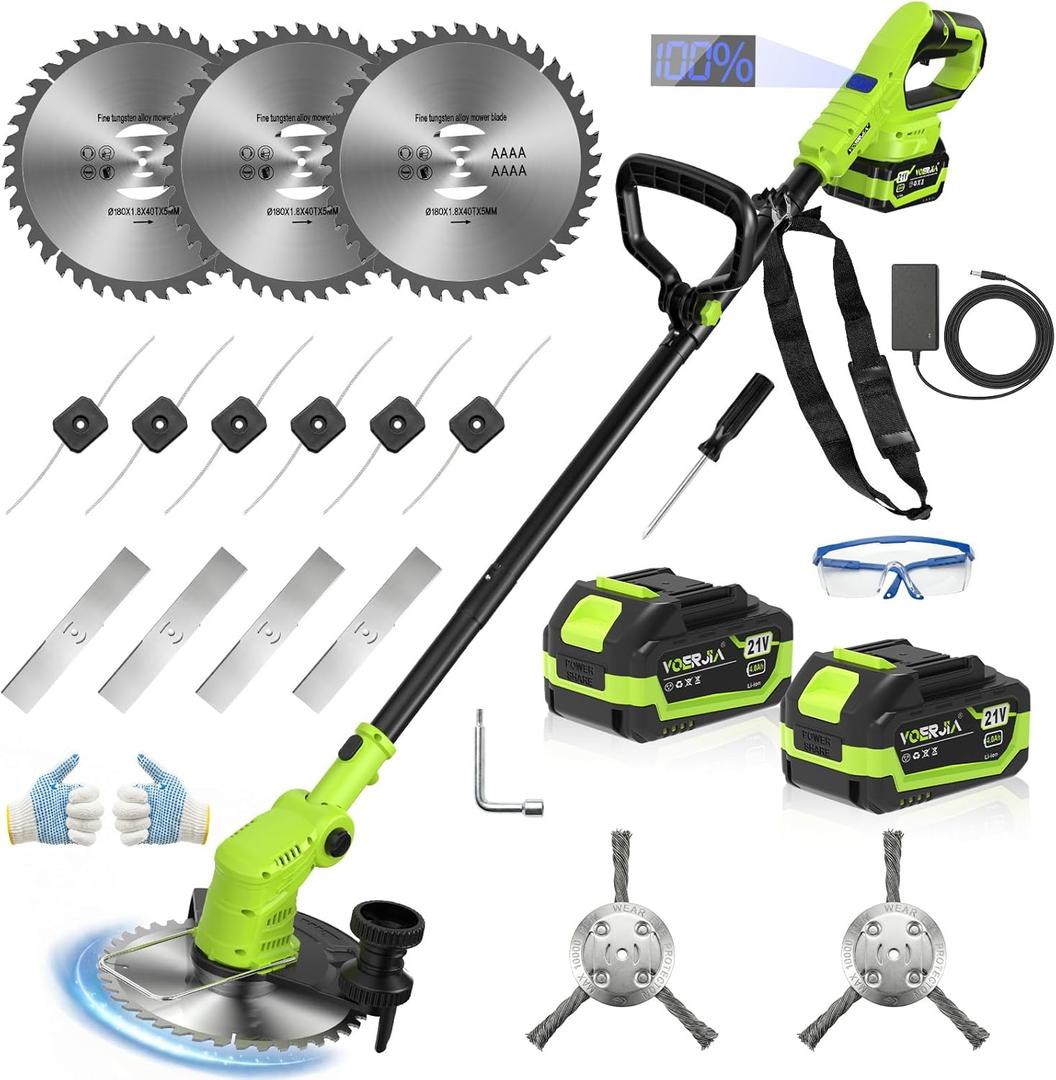 21V Lightweight Weed Wacker, Cordless String Trimmer & Brush Cutter with Edging Wheels, 4-in-1 Electric, 2x 4.0Ah Battery & LCD Display & Strap, Foldable Edger with Wire Brush for Patio & Yard