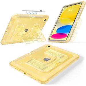 CCMAO Case for iPad (A16) 11th 11" 2025, iPad 10th 2022 with Pencil Holder & Kickstand, Shockproof Protective Slim Thin iPad Case with Glitter Transparent Back Cover for iPad 11/ 10, Yellow Glitter