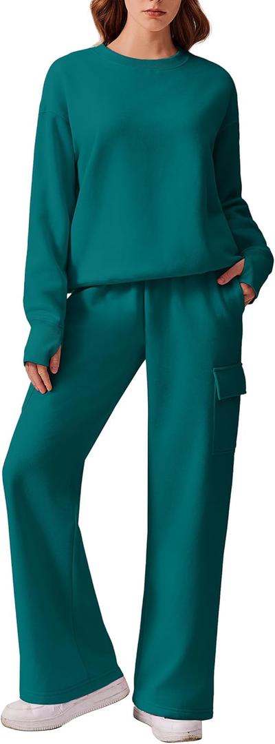 PINSPARK 2 Piece Sets for Women 2025 Fleece Sweatsuits Oversized Sweatshirts Wide Leg Cargo Sweatpants with Pockets Thumbhole (Small, Green Jade)