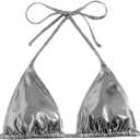 SHENHE Women's Halter Tie Back Triangle Bikini Top Cute Swimsuit Bathing Suit Tops Metallic Silver S