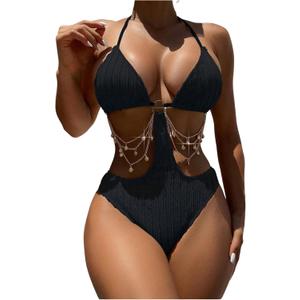 OYOANGLE Women's Ring Linked Cut Out One Piece Swimsuits Textured Tie Backless Halter Bathing Suit Monokini (Black)