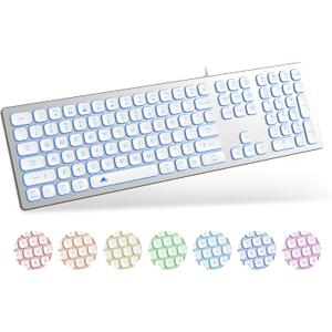 POWZAN Aluminum Quiet Wired Keyboard Backlit- Slim Chiclet Key Compatible with Apple iMac, MacBook, Mac and PC, USB Keyboard Numeric Keypad RGB Lighted Key - Silver White