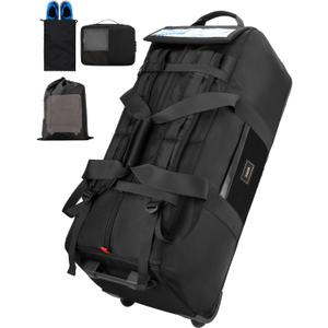 90L Rolling Duffel Bag with Wheels, 4-way Carry Foldable Large Travel Duffle with Backpack Straps & Shoe Compartment, Heavy Duty Luggage for Weekend, Camping, Moving, Includes 3 Organizers