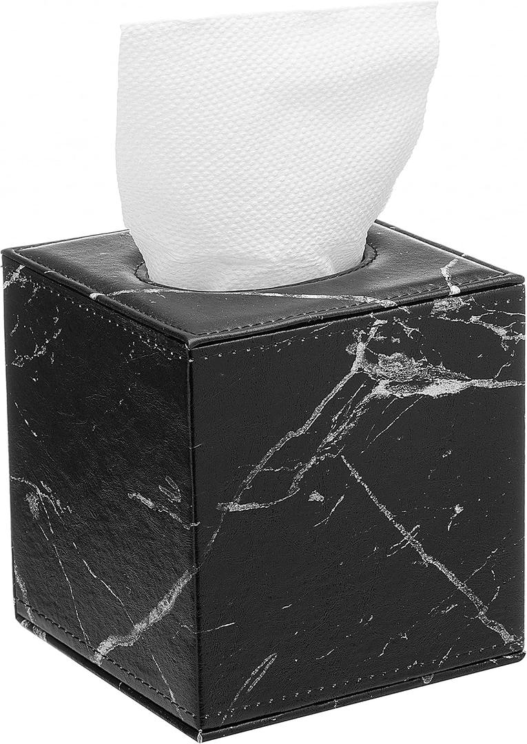 S Forever Cube Tissue Box Holders PU Leather Square Roll Tissue Box Cover (Black Marble Grain,5.32" L x 5.32" W x 5.51" H)