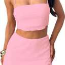 Two Piece Mini Skirt Set Women Plisse Crop Top Summer Outfit Pink M (M)