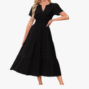 Women's Summer 2025 Casual Midi Maxi Dresses Lightweight Short Sleeve V Neck Elastic Waist Boho Beach Dress Pockets Size XXL