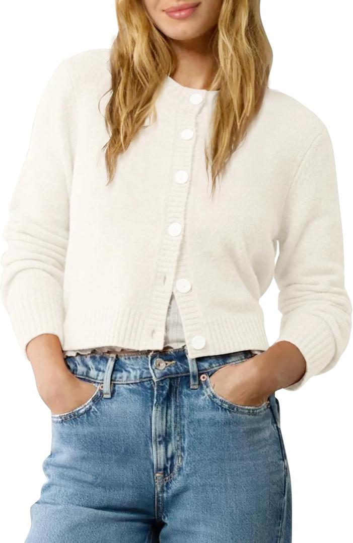 Urban CoCo Women's Crew Neck Cropped Cardigan Sweaters Long Sleeve Open Front Button Down Shrug Sweater Jackets (Large, White)