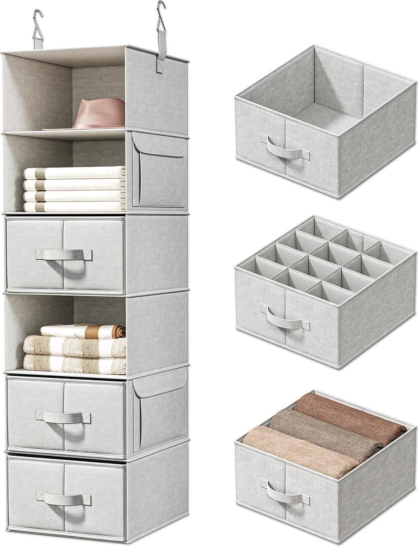 Vailando 6-Shelf Hanging Closet Organizer with 3 Drawers, Closet Hanging Shelves with Removable Fabric Drawers for Wardrobe, Nursery & Dorm Storage, Silver Gray, 6-Shelf Inseparable