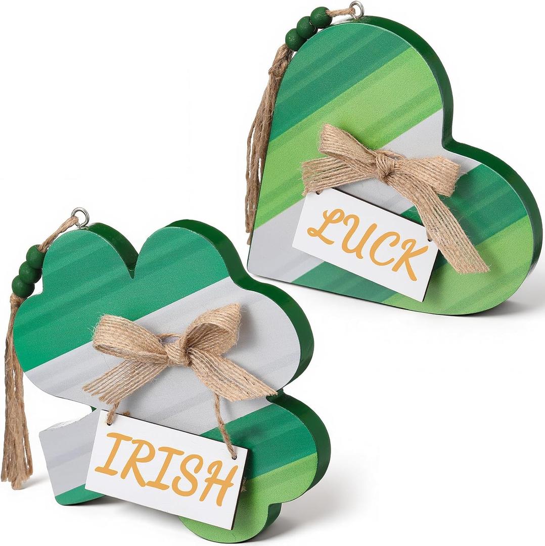 Jetec 2 Pcs Rustic St Patricks Day Table Decorations Green Shamrock Wooden Desk Spring Decors Set Irish Theme Heart Clover Centerpieces with Beads for Home Office Luck Gifts for Friends Family