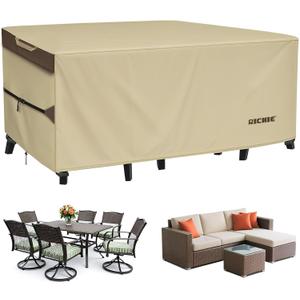RICHIE Outdoor Patio Furniture Cover - Heavy Duty Waterproof 600D Tough Canvas Protector for Rectangular Table Cover, All-Season Dining Table and Chair Covers (84L x 44W x 28H Inch) Beige & Brown