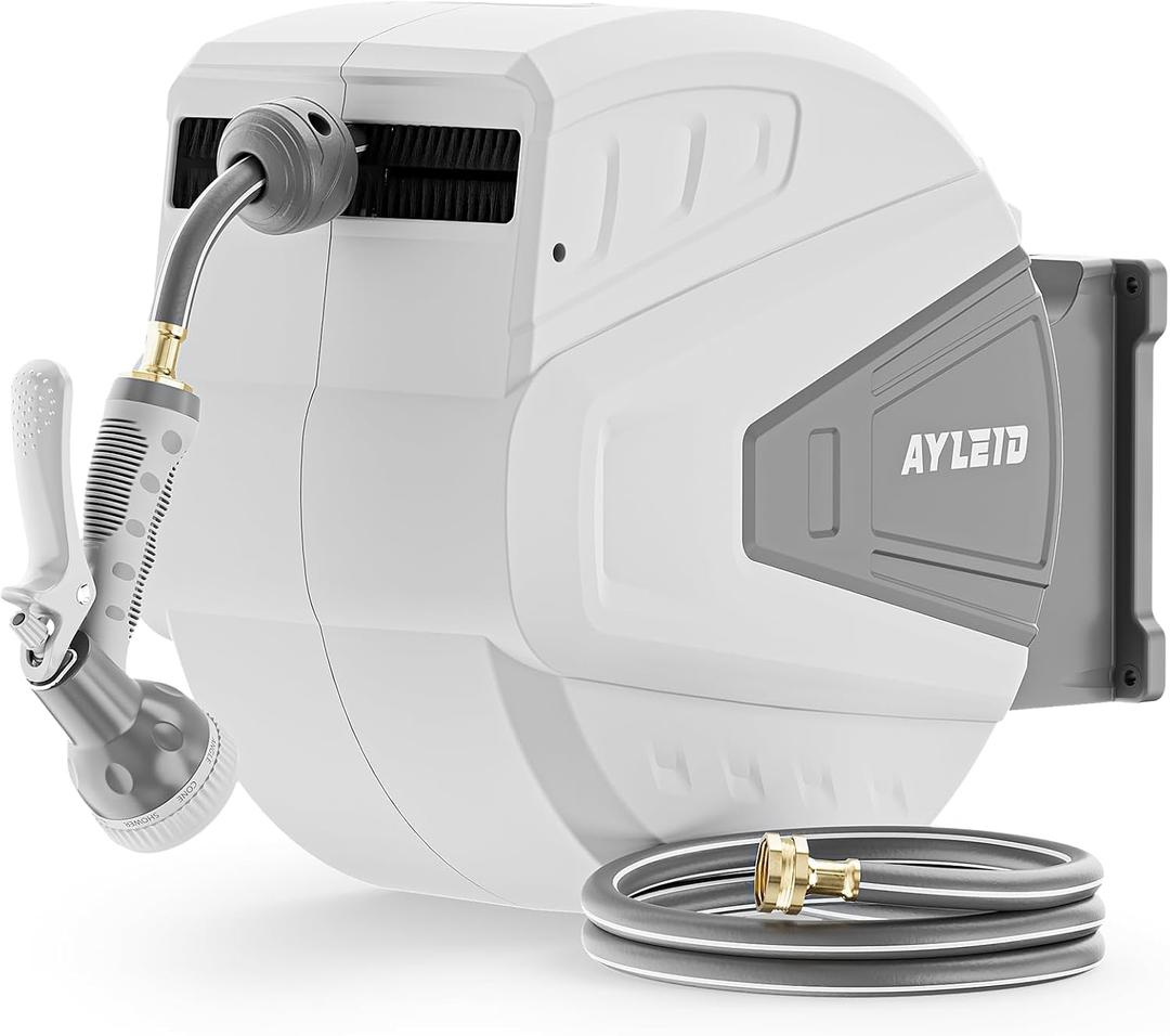 Ayleid Retractable Garden Hose Reel,1/2 in x 130 ft Wall Mounted Hose Reel, with 9- Function Sprayer Nozzle, Any Length Lock/Slow Return System/Wall Mounted/180Swivel Bracket (Gray)