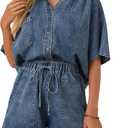Zilcremo Womens 2 Piece Outfits Summer Denim Sets Short Sleeve Button Down Crop Jean Shirts High Waist Denim Shorts Sets (Small, Darkblue)