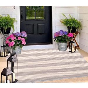 BUAGETUP Outdoor Rug 3'x 5',Grey and White Striped Area Rug Hand-Woven Cotton Porch Rug Machine Washable Indoor/Outdoor Area Rug Floor Mat for Farmhouse Living Room Bedroom