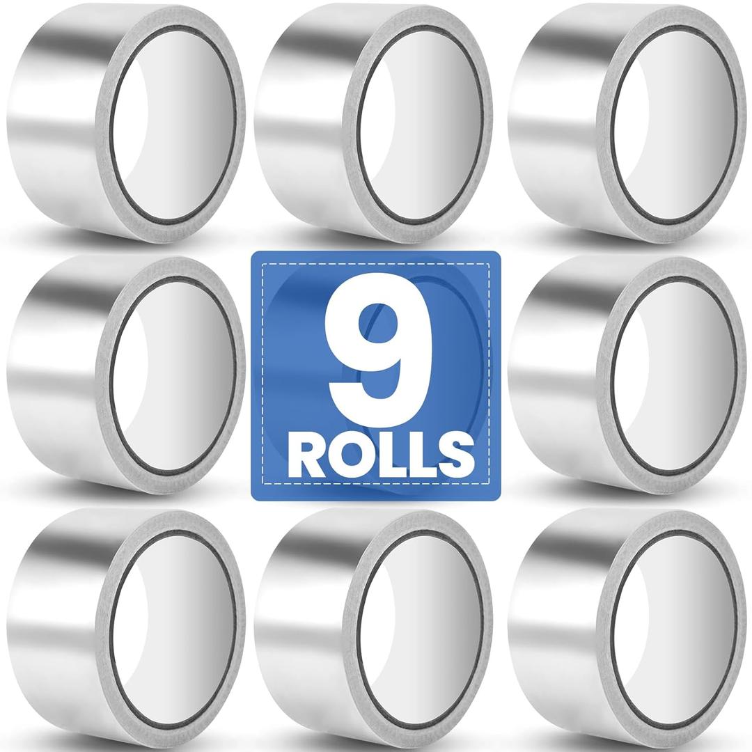 9 Pack Aluminum Foil Tape, 3.9 mil 2" x 450 Feet Total Silver High Temperature Tape, Metal Tape, Insulation Foil Tape for Ductwork, HVAC, Dryer Vent, Seal