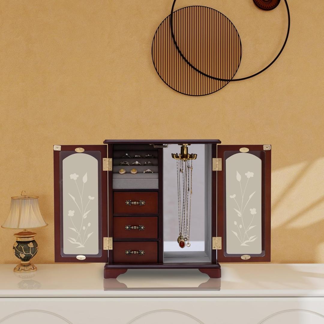 Dark Brown Jewelry Boxes,Handle Carving Craft Large Jewelry Box,With Swivel Hook And Velvet Lining Wooden Jewelry Boxes For Women,Suitable As Gift For Friends