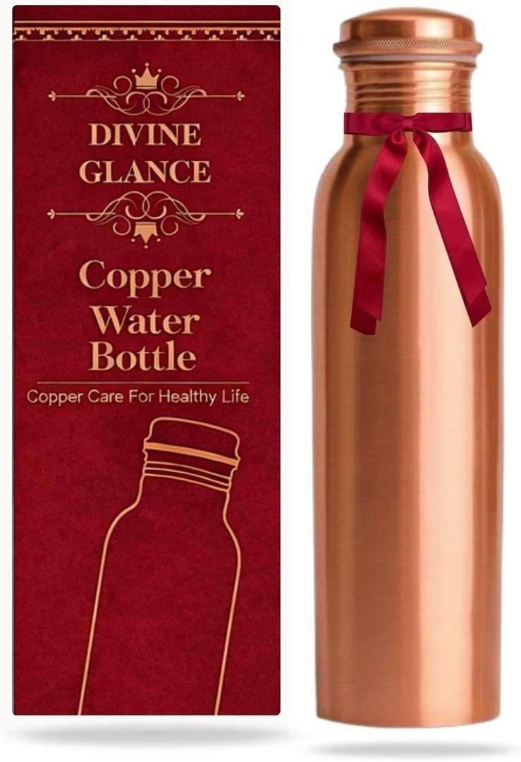Handmade Pure Copper Water Bottle with Leak-Proof Lid, Ayurvedic Copper Drinking Bottle for Daily Hydration BPA-Free Reusable Metal Water Bottle for Home Yoga Sport & Travel - 34oz